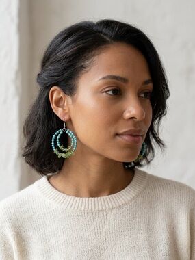 Vintage Turquoise (Howlite) and Lime Beaded double Hoop Earrings artisan 2”